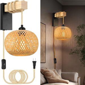 SLYYMY Bamboo Plug in Wall Sconces, Wall Lamp with Plug in Cord, Hand Woven Ratt